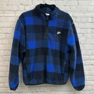 Nike Men's Club Winterized Half Zip Pullover Sherpa Blue Plaid Small Warm